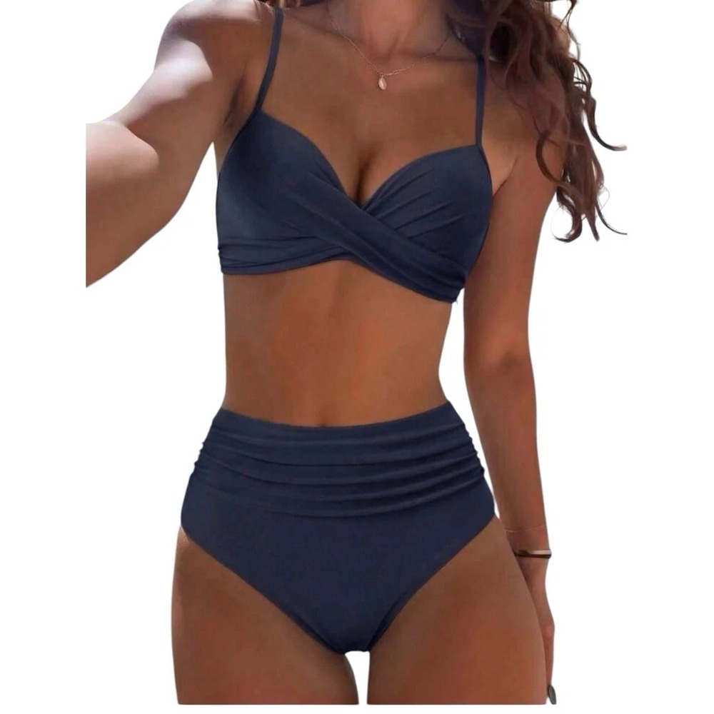 Women's High Waisted/Ruched Two Piece Bathing Suit Bikini Set Navy Blue Size XL